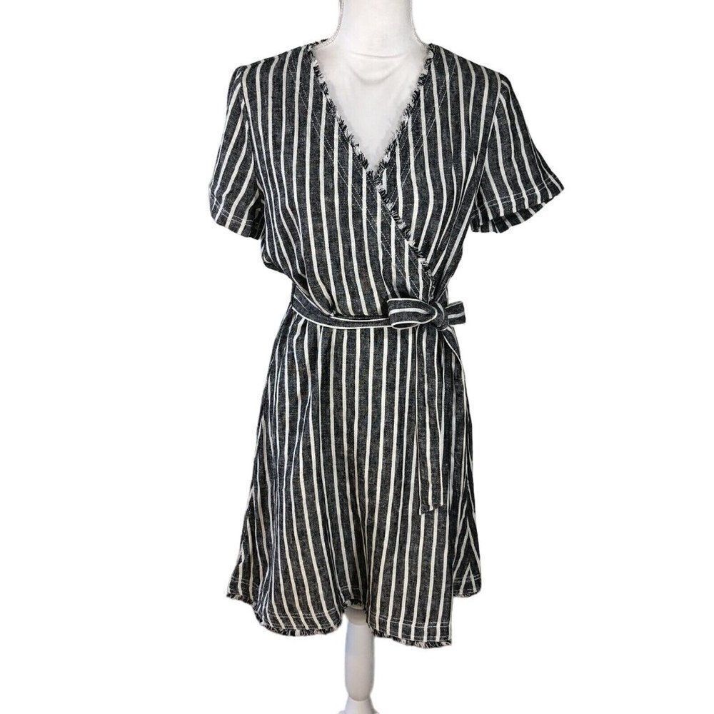 Linen Rayon Blend Striped Day Dress Small Gray Frayed Trim Cute Mid Workwear